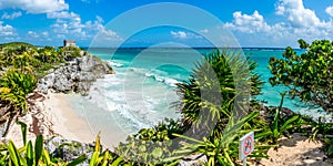 Huge Panorama of Tulum caribbean paradise and Mayan Ruins. Traveling Mexico.