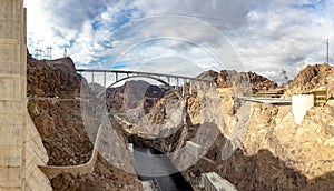 Huge panoramic view of the Mike O'Callaghan-Pat Tillman Memorial Bridge, next to the Hoover Dam on the Colorado River.