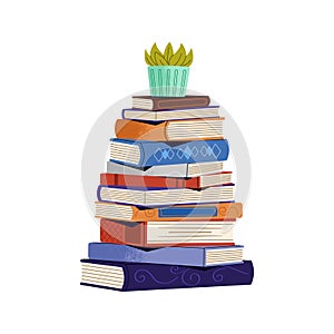 Huge paper books stack with home plant above. Big pile of fictions, thick novels. Cute houseplant standing on heap of