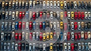 a huge parking lot of new cars in the port before loading onto the ferry, aerial view