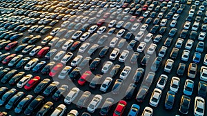 a huge parking lot of new cars in the port before loading onto the ferry, aerial view