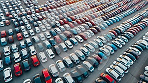 a huge parking lot of new cars in the port before loading onto the ferry, aerial view