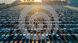 a huge parking lot of new cars in the port before loading onto the ferry, aerial view