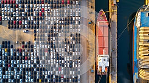 a huge parking lot of new cars in the port before loading onto the ferry, aerial view