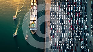 a huge parking lot of new cars in the port before loading onto the ferry, aerial view