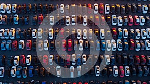 a huge parking lot of new cars in the port before loading onto the ferry, aerial view