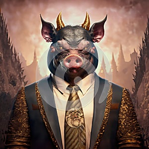 A huge pig man wearing formal attire