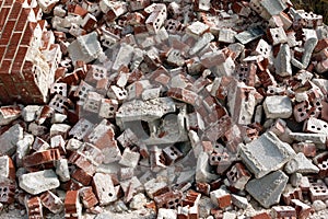 Huge Pile Of Discarded Broken Bricks At Demolition Site