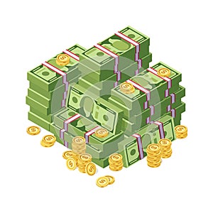 Huge pile of dollar cash money and golden coins vector illustration