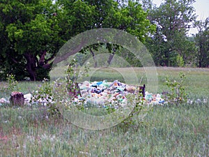 A huge pile of garbage on a beautiful green edge of the forest. Environmental pollution. Garbage in nature.