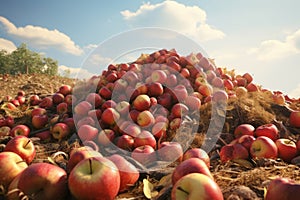 A huge pile of ripe apples in a landfill. The problem of overproduction