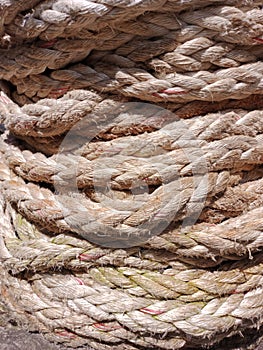 Huge pile of ship ropes, to tow ships in the harbor.