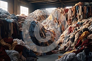 Huge piles of clothes and fabric in the warehouse. The problem of overproduction