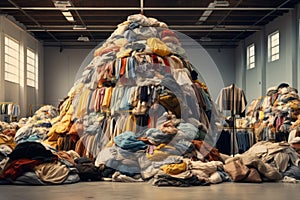 Huge piles of clothes and fabric in the warehouse. The problem of overproduction