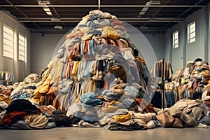 Huge piles of clothes and fabric in the warehouse. The problem of overproduction photo