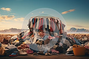 Huge piles of unnecessary clothes in the landfill. The problem of overproduction