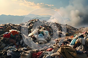 Huge piles of unnecessary clothes in the landfill. The problem of overproduction