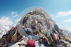 Huge piles of unnecessary clothes in the landfill. The problem of overproduction