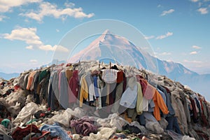 Huge piles of unnecessary clothes in the landfill. The problem of overproduction