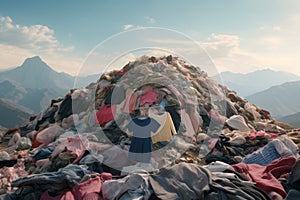 Huge piles of unnecessary clothes in the landfill. The problem of overproduction