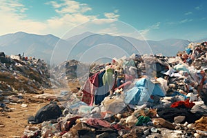 Huge piles of unnecessary clothes in the landfill. The problem of overproduction