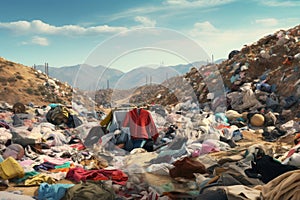 Huge piles of unnecessary clothes in the landfill. The problem of overproduction