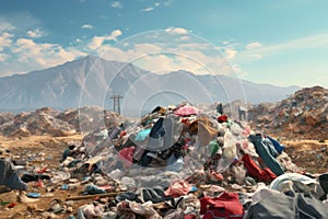 Huge piles of unnecessary clothes in the landfill. The problem of overproduction