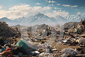 Huge piles of unnecessary clothes in the landfill. The problem of overproduction photo