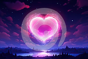 Huge pink heart in the night sky. Romantic illustration. Generated by artificial intelligence