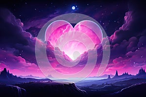 Huge pink heart in the night sky. Romantic illustration. Generated by artificial intelligence