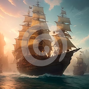 Huge pirate ship sails on sea. Generative Ai