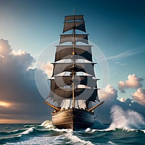 Huge pirate ship sails on sea. Generative Ai