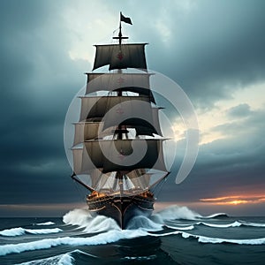 Huge pirate ship sails on sea. Generative Ai