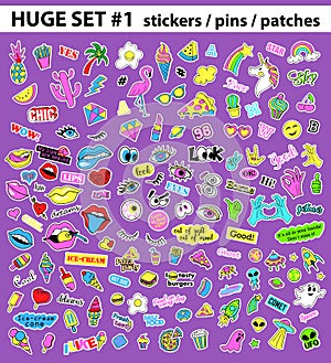 Huge pop art set with fashion patch, badges, stickers, pins, patches, quirky, handwritten notes collection. 80s-90s