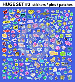 Huge pop art set with fashion patch, badges, stickers, pins, patches, quirky, handwritten notes collection. 80s-90s