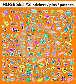 Huge pop art set with fashion patch, badges, stickers, pins, patches, quirky, handwritten notes collection. 80s-90s