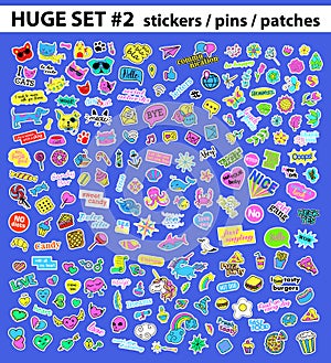 Huge pop art set with fashion patch, badges, stickers, pins, patches, quirky, handwritten notes collection. 80s-90s photo