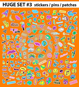 Huge pop art set with fashion patch, badges, stickers, pins, patches, quirky, handwritten notes collection. 80s-90s photo