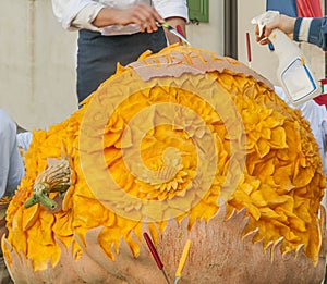 Huge pumpkin entirely carved at the Venzone Pumpkin Festival, Udine, Friuli, Italy