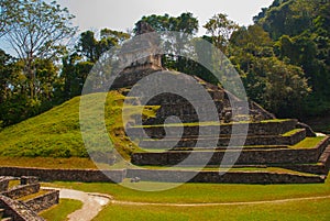 Huge pyramid. Landscape of the ancient city of Maya. Ancient templates mayan ruins of Palenque - Chiapas, Mexico