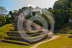 Huge pyramid. Landscape of the ancient city of Maya. Ancient templates mayan ruins of Palenque - Chiapas, Mexico