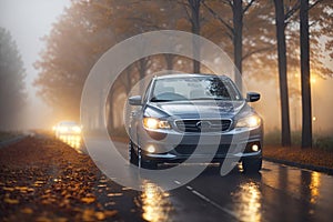 huge rain autumn closeup headlights car highway. ai generative