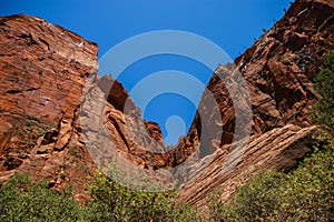 Huge red rocks in Zion Canyon National Park, Utah. USA. Hiking adventures, traveling, rocks