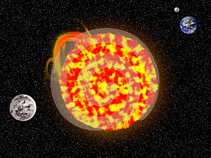 Huge red sun, earth, venus, mars and moon in space