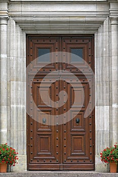 Huge restored bronze door with brass lions