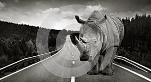 Huge rhino on asphalt way