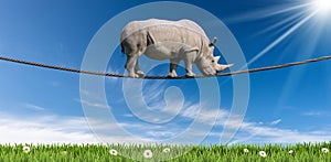 Huge Rhino Walking on Rope Against a Blue Sky