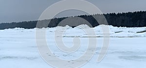 Huge ridge of ice hummocks after a powerful winter storm