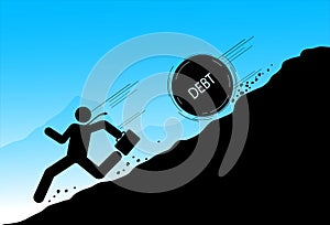 Huge rock or boulder rolling down a businessman from steep hill vector art concept of danger, risk, trouble and crisis