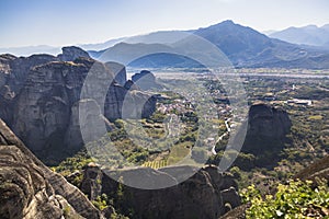 Huge rock pillars formation of Meteora, beside the Pindos Mountains. Western region of Thessaly, Kalabaka, Greece